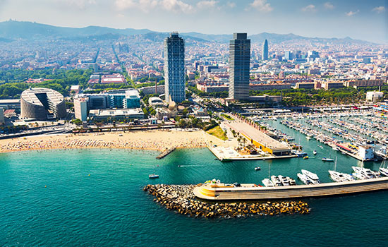 Aerial view of docked yachts in Port. Barcelona